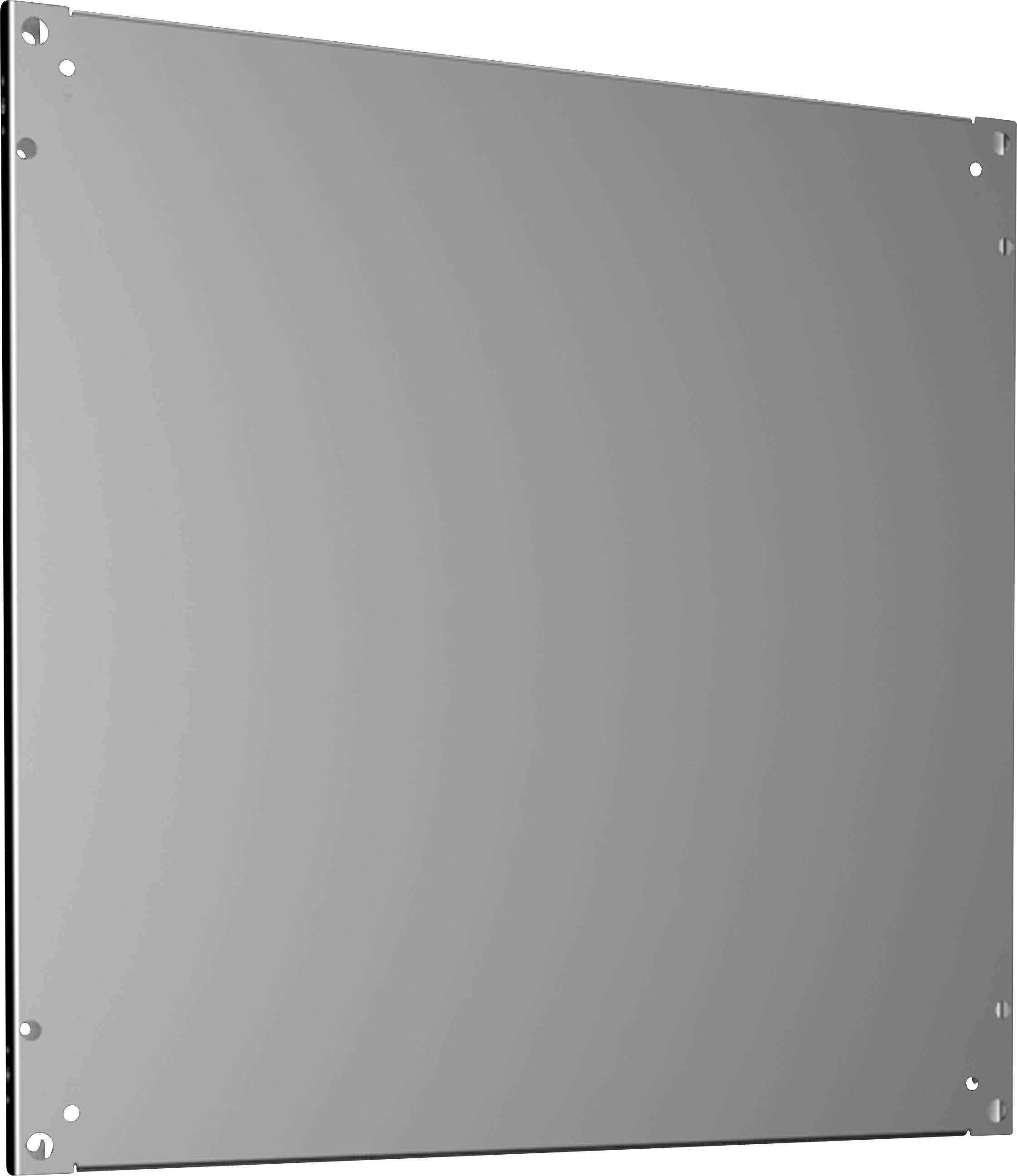 Ein schlichtes, quadratisches Metallschild mit abgerundeten Ecken und acht Befestigungslöchern, gleichmäßig verteilt an den Rändern.