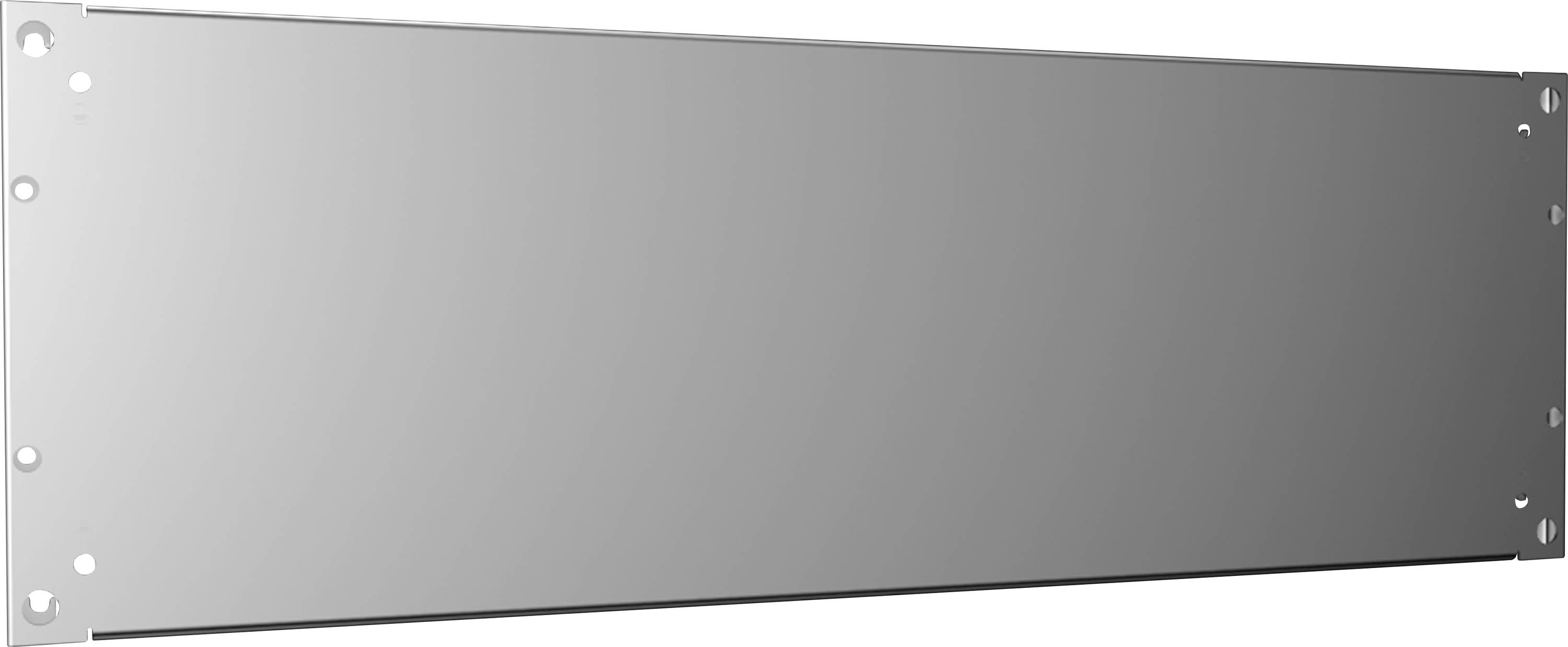 Grau-metallisches Rack-Blindpanel mit Montagebohrungen an den Rändern, verwendet zur Abdeckung ungenutzter Rack-Einheiten in Schaltschränken.