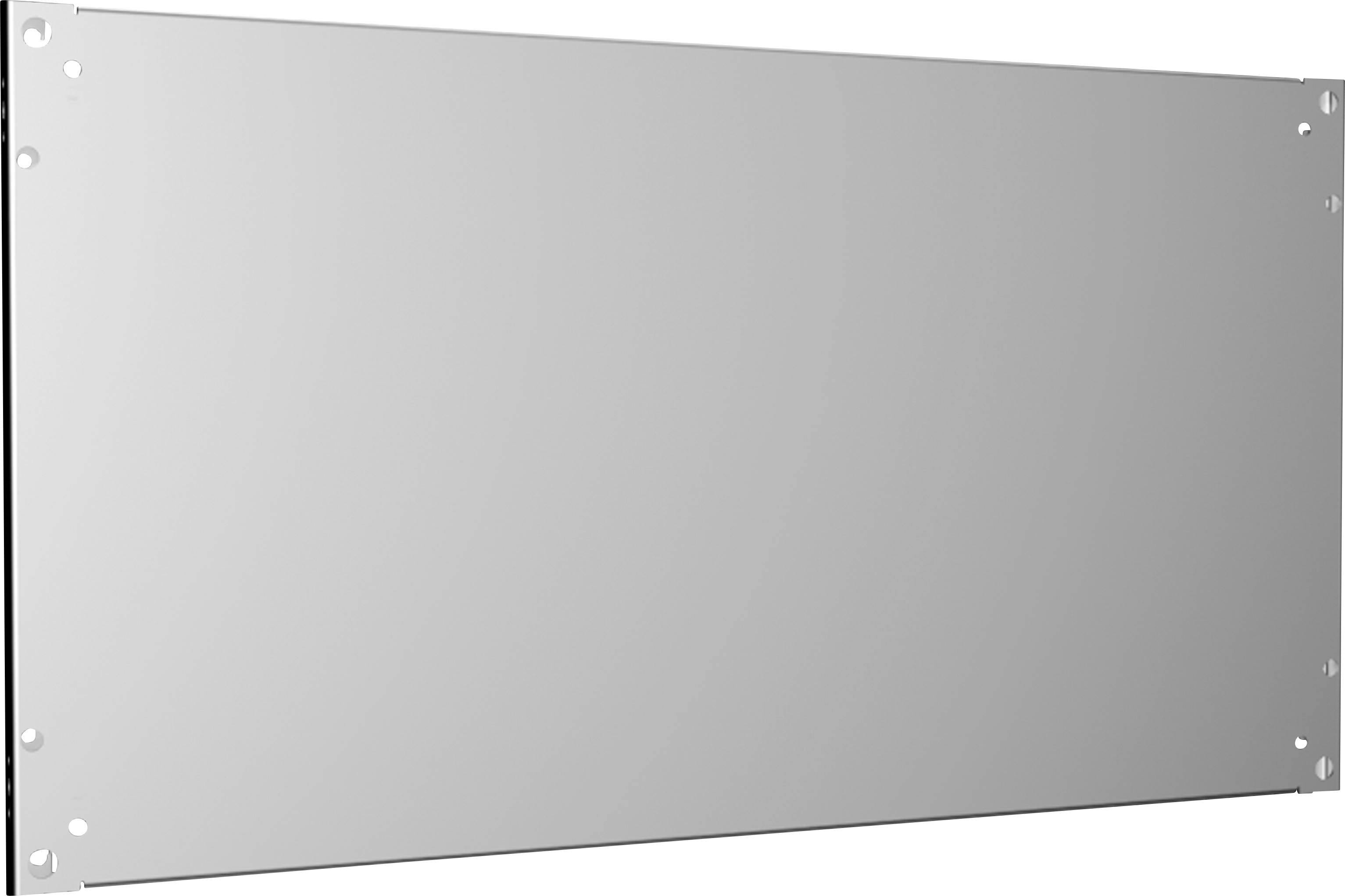 Metallplatte mit rechteckiger Form und vier Löchern in den Ecken. Oberfläche ist glatt und reflektierend.