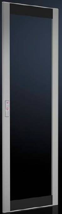 Eine Glasschiebetür mit schwarzem Rahmen und silbernem Vertikalprofil, zu sehen sind rote Steuerungselemente an der linken Seite.