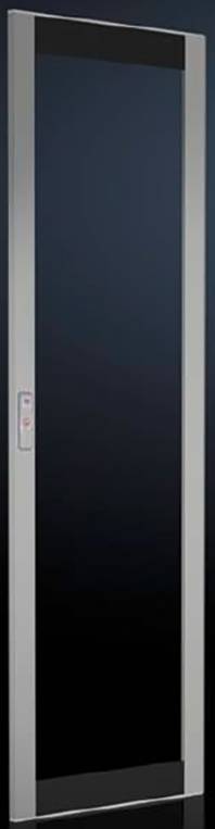 Eine schmale, gläserne Schiebetür mit grauem Rahmen vor dunklem Hintergrund. Sie vermittelt ein modernes, minimalistisches Design.