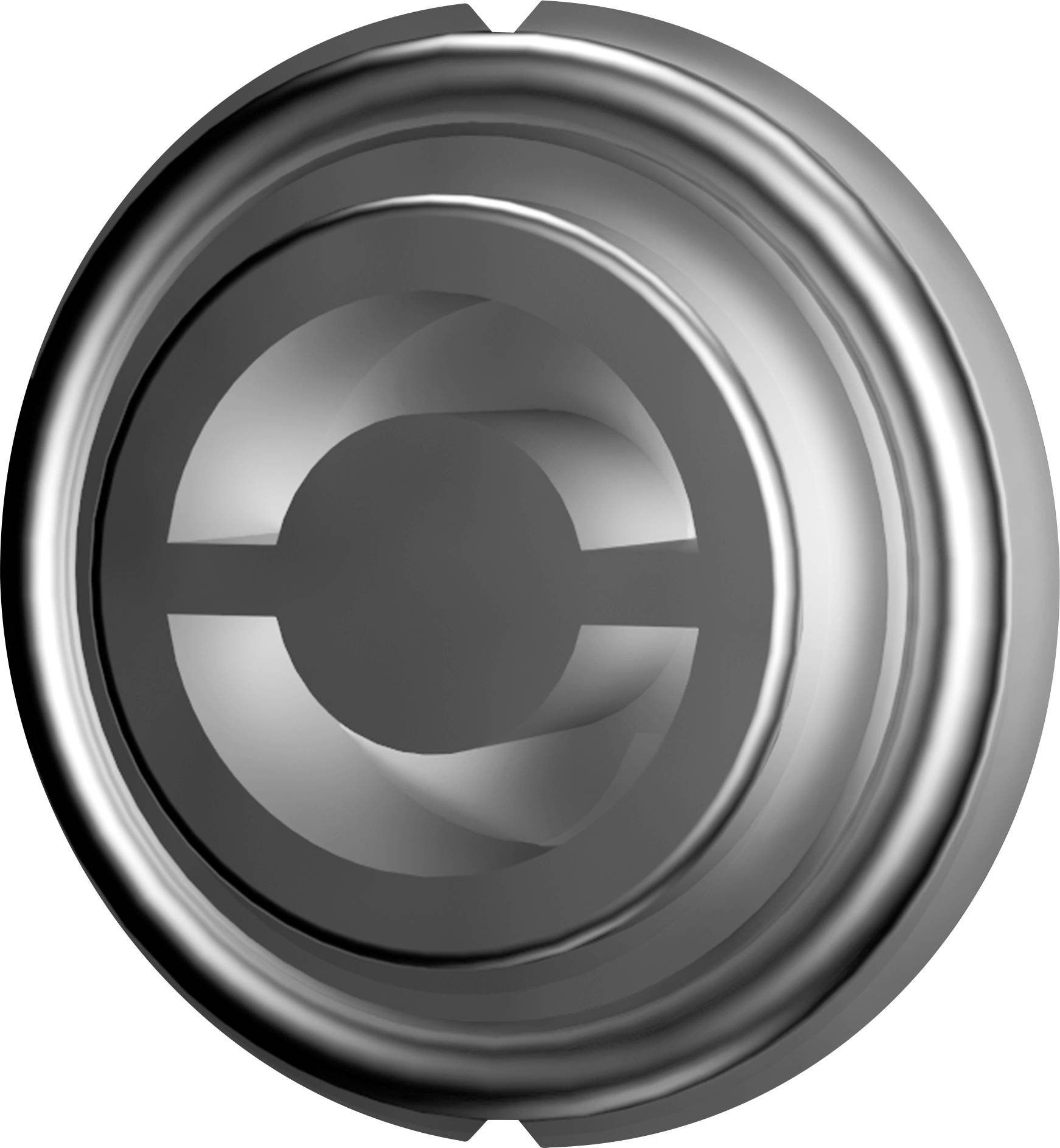 Silberner runder Knopf oder Taster mit Kreis- und Linienmuster, möglicherweise Teil eines technischen Geräts oder einer Maschine.