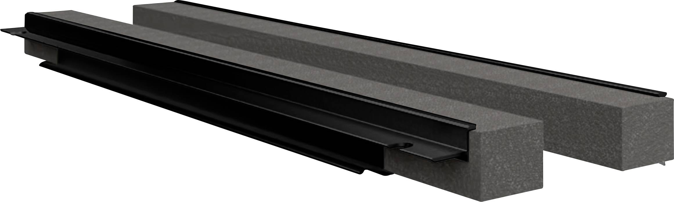 Zwei lange, rechteckige Betonbalken schwarz, parallel zueinander. Sie scheinen Teil eines Bauwerks oder einer architektonischen Struktur zu sein.