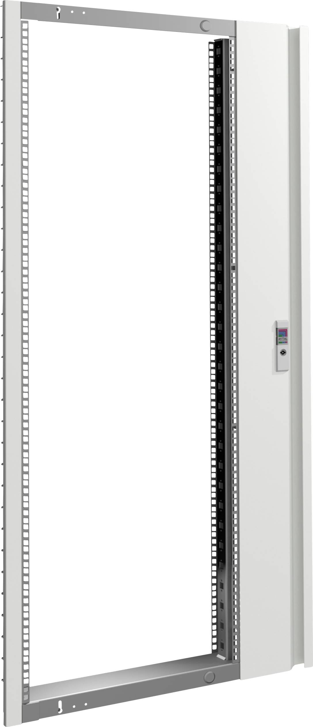 Ein grauer Datenserver- oder Netzwerkschrank mit offenem Gehäuse, Tür mit Metallscharnieren und einem kleinen Bedienfeld an der Seite.