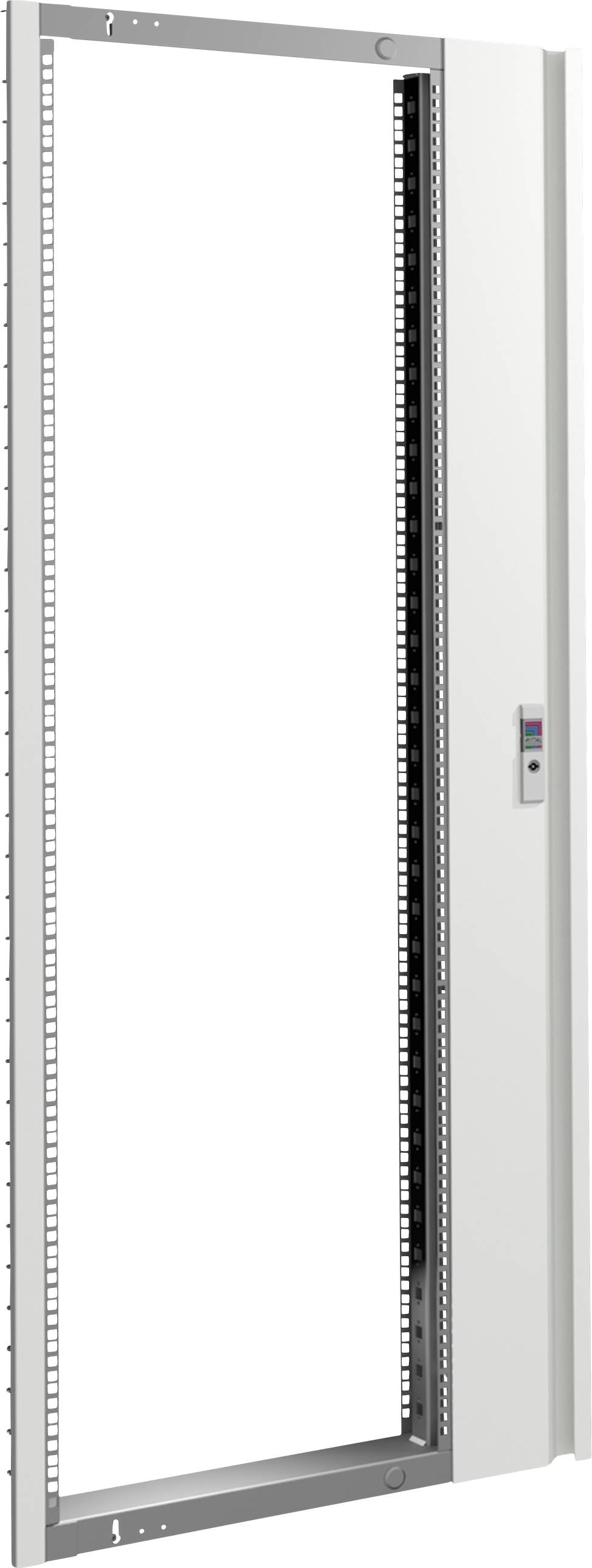 Ein langer, schmaler, weißer Schrank mit geöffneter Tür, geeignet für IT- oder Servergeräte. Links und rechts befinden sich Halterungen.