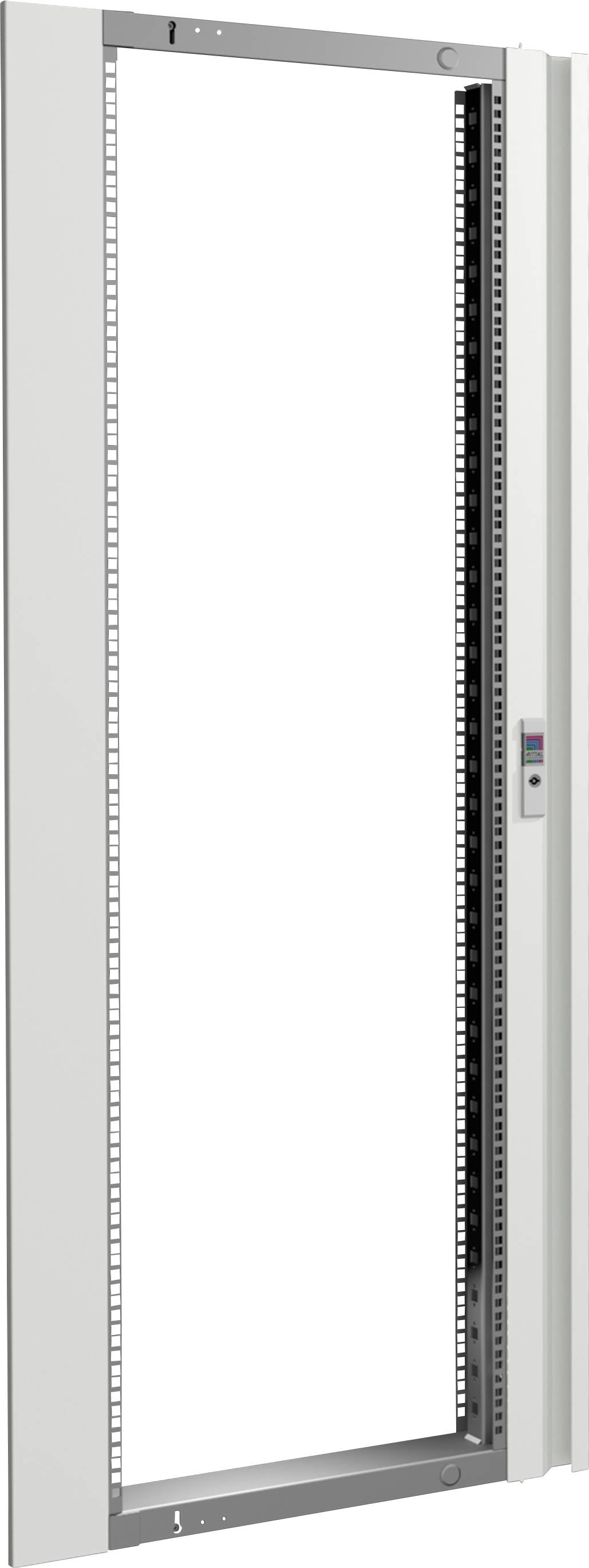Ein weißer, offener Türrahmen mit rechteckiger Form und vertikalen Schienen auf beiden Seiten.