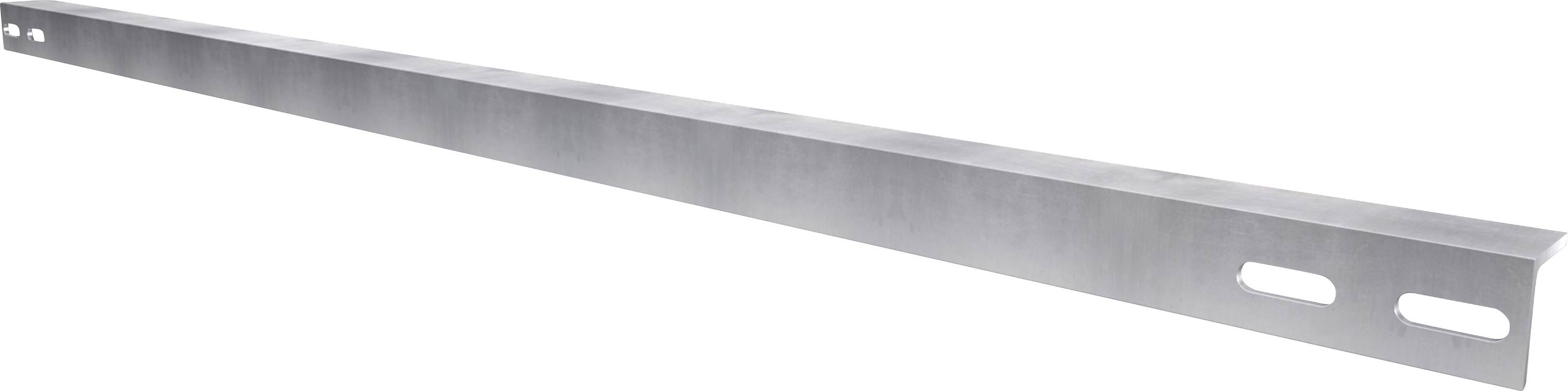 Langes, rechteckiges Stahlblech mit zwei abgerundeten Schlitzen am rechten Ende.