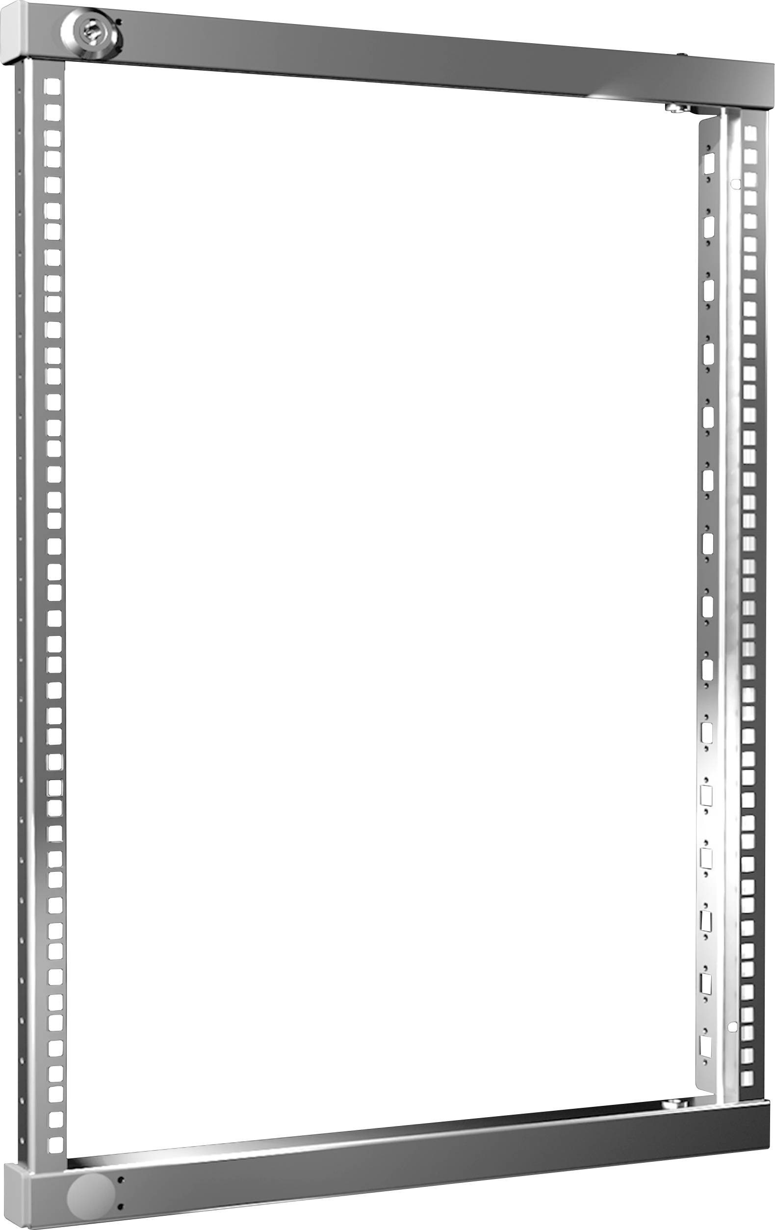 Metallrahmen: Rechteckiger, silberner Metallrahmen mit Schraubenlöchern an den Seiten, geeignet zur Befestigung von technischen Geräten.