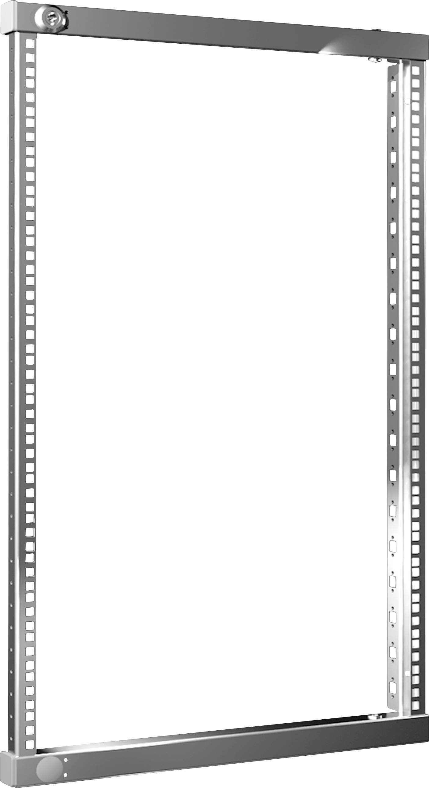 Metallrahmen mit rechteckiger Form und mehreren kleinen Löchern entlang der Seiten. Oberer linker Rand enthält einen Verschlussmechanismus.