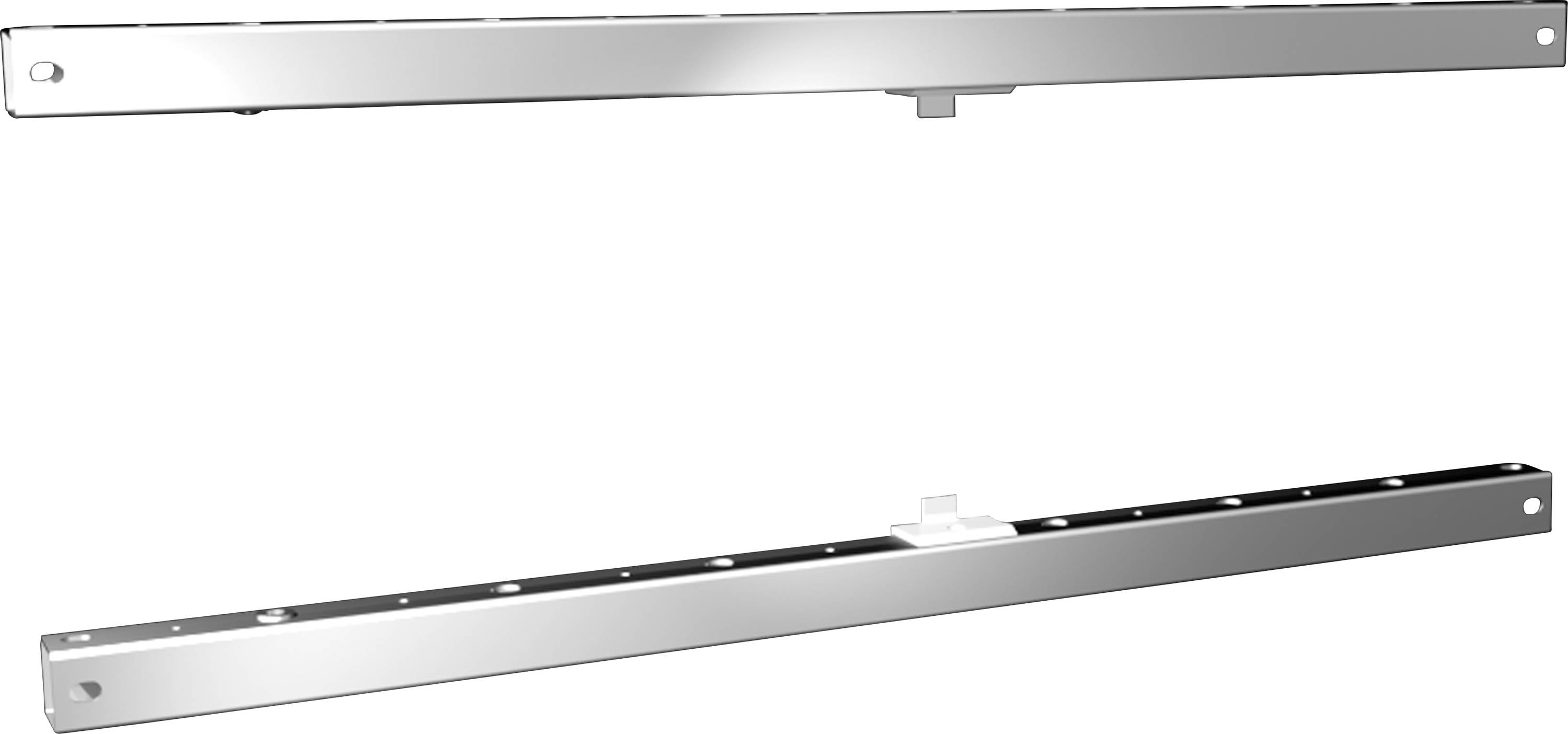 Zwei silberne Metallstangen, die parallel zueinander angeordnet sind. Sie haben Löcher an den Enden und Befestigungspunkte.