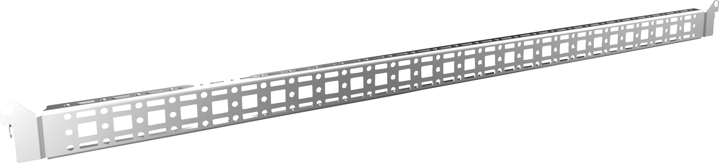 Ein silberner Metallträger mit rechteckigen Löchern, der zur Befestigung in einem Regal oder an einer Wand verwendet wird.