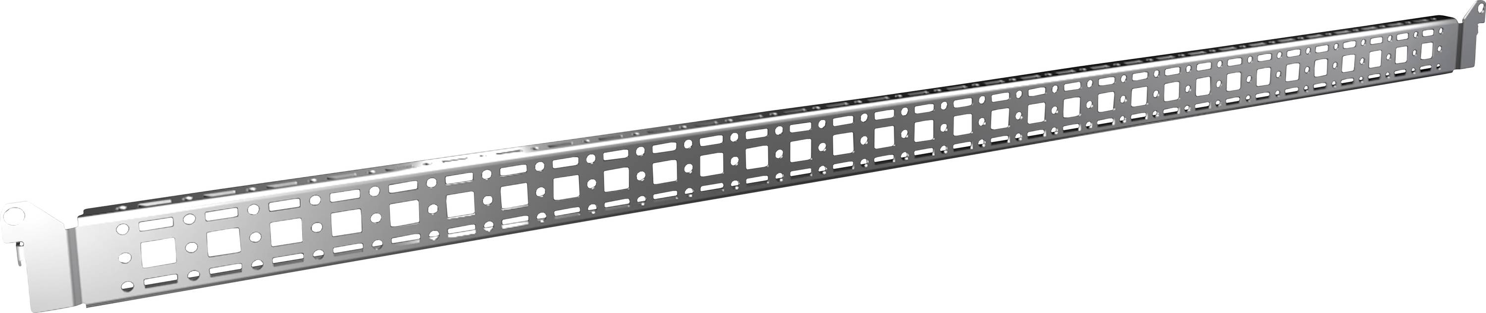 Metallschiene mit rechteckigen und quadratischen Löchern entlang der Länge. Eignet sich zur Befestigung oder Montage.