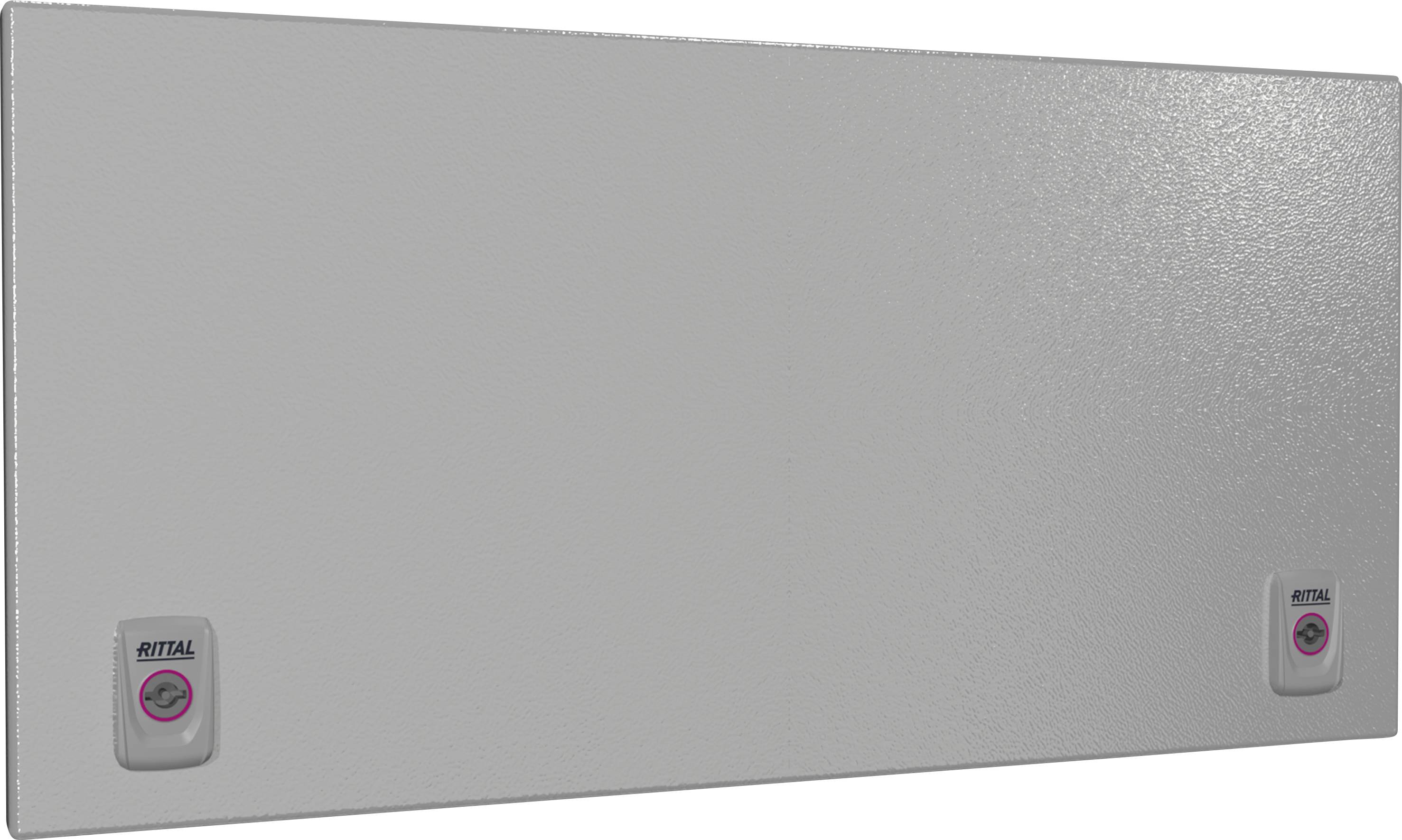 Ein rechteckiger grauer Metallschrankdeckel mit zwei gleichmäßig verteilten Verschlüssen, die das Logo 'Rittal' tragen.