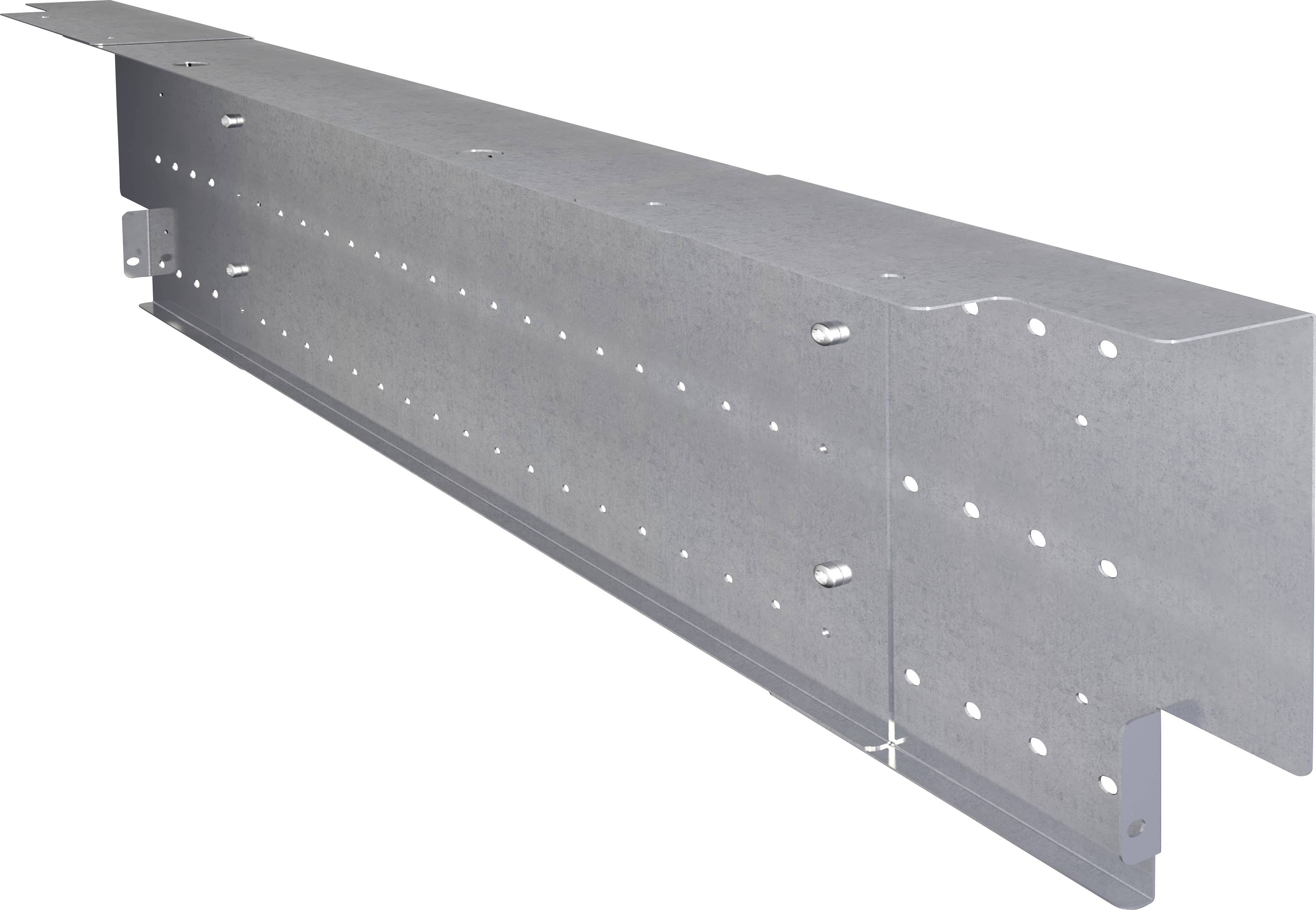 Ein silbernes Metallteil mit Löchern und Befestigungsschrauben. Es sieht aus wie ein Strukturträger oder ein Montageelement.