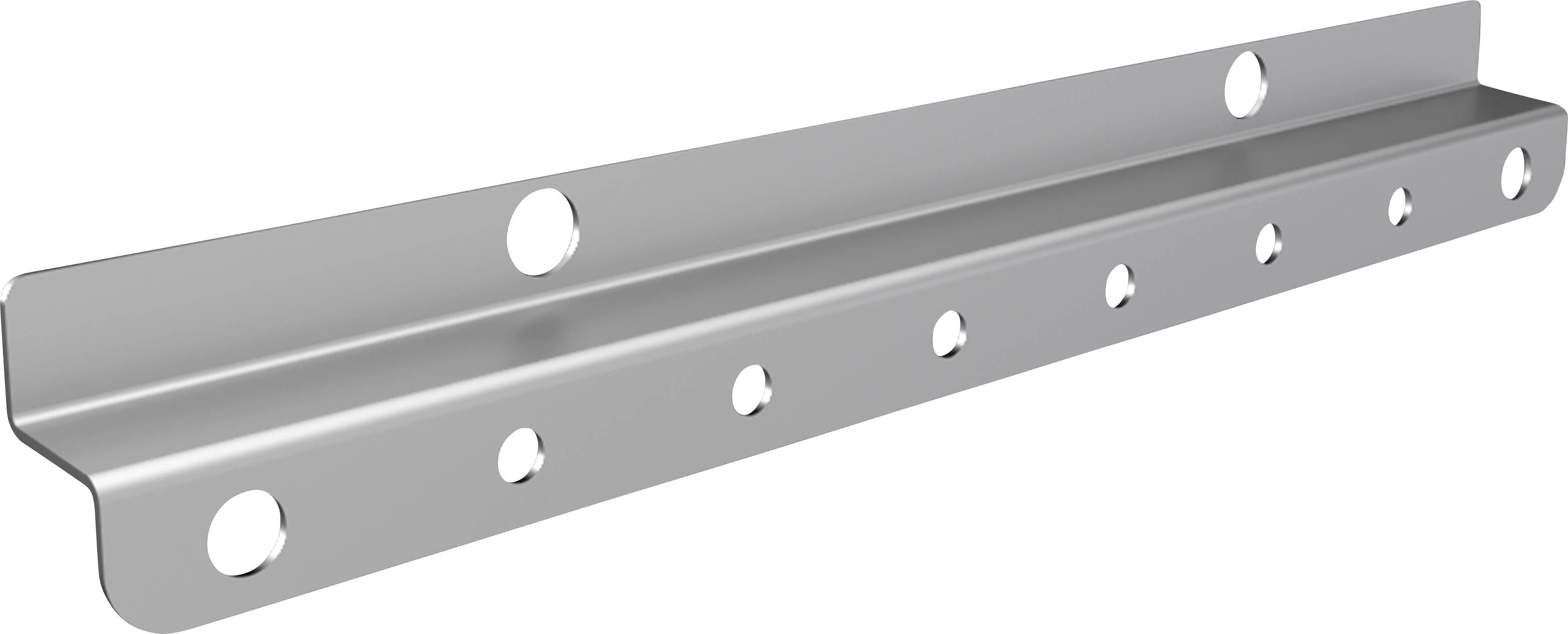 Metallwinkel mit mehreren kreisförmigen Löchern, verwendet für Konstruktionen oder Befestigungen an Wänden oder anderen Oberflächen.