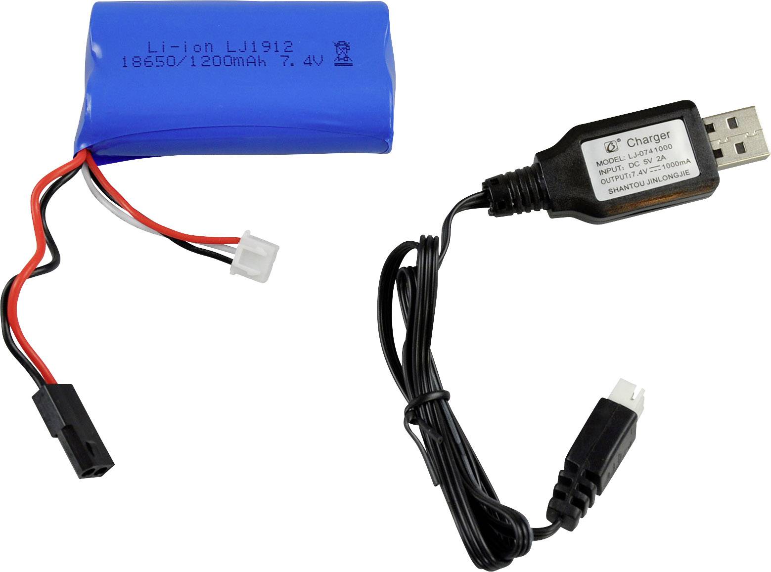 Ein blauer Lithium-Ionen-Akku mit Kabeln und ein USB-Ladegerät.