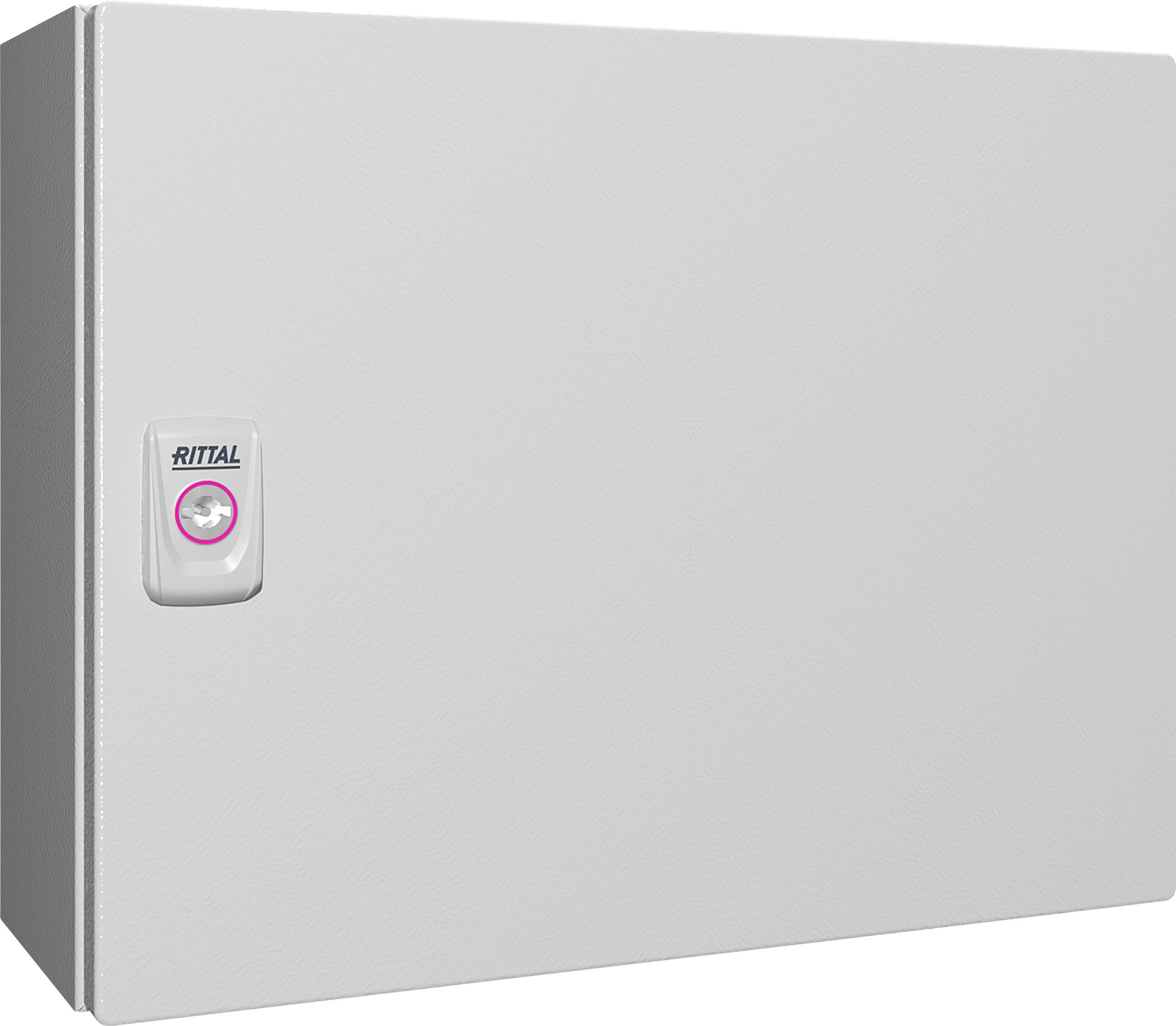 Graues Gehäuse aus Metall mit Türgriff, darauf steht 'Rittal'. Verwendet für elektrische Schalteinrichtungen in industriellen Anwendungen.