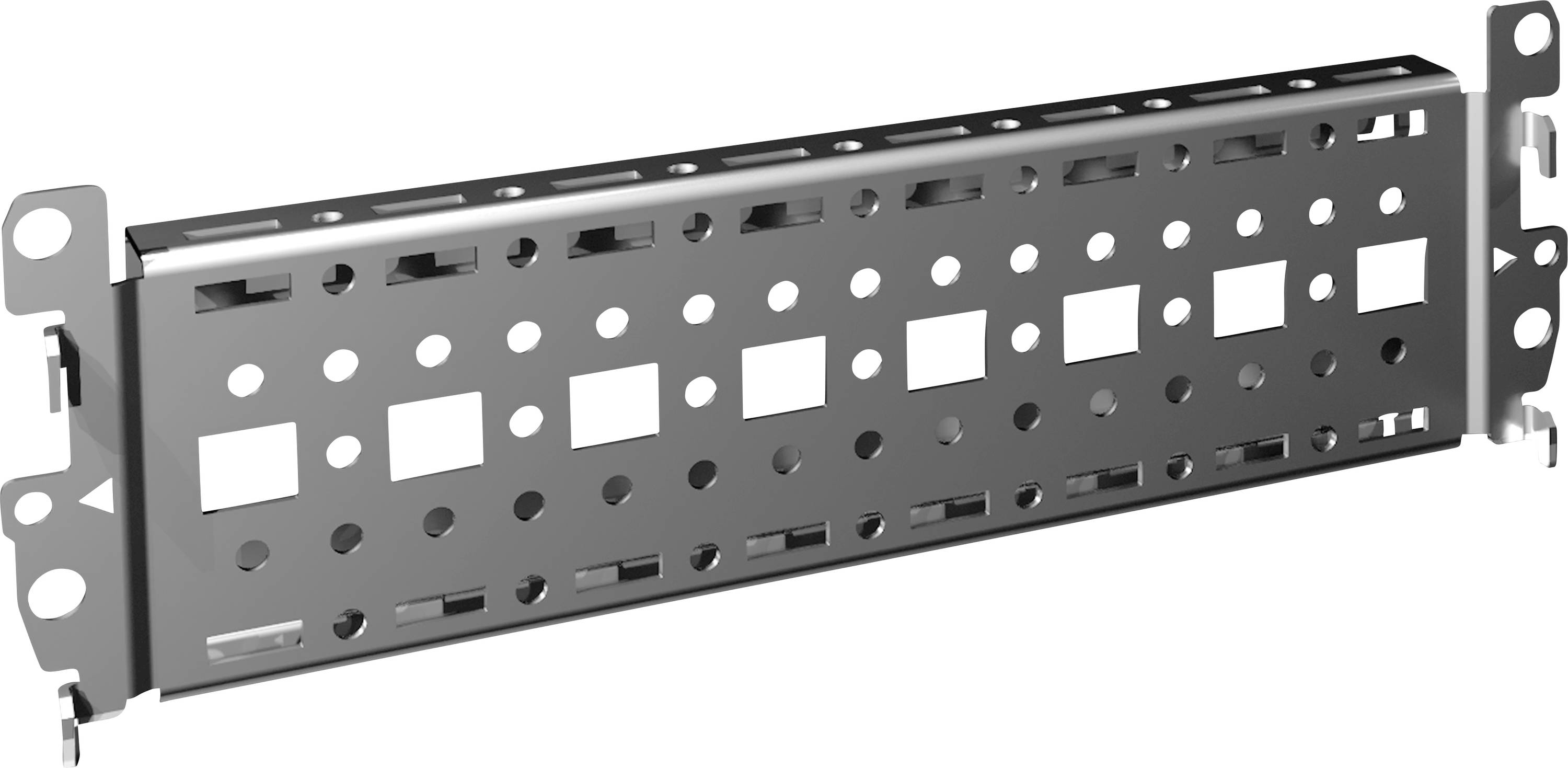 Montagewinkel aus Metall mit verschiedenen runden und quadratischen Löchern, geeignet zur Befestigung in technischen Anwendungen.
