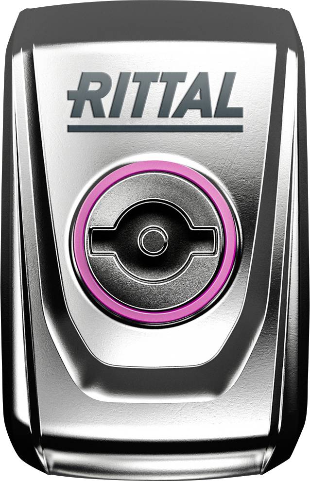 Ein glänzender Metallknopf mit einer rosafarbenen Umrandung und der Aufschrift 'RITTAL' darüber.