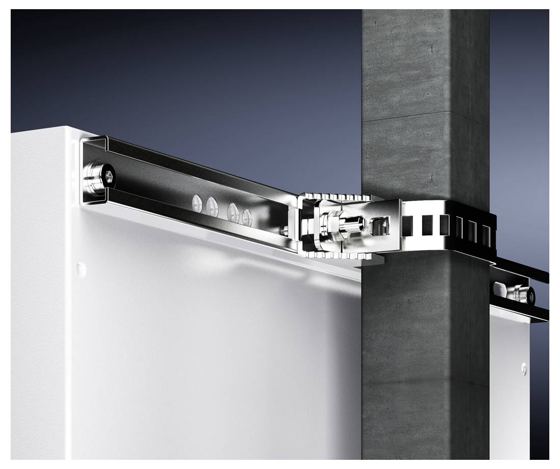 Schiebetürsystem mit einer Schiene an einer Betonwand montiert. Metallhalterungen verbinden die Tür mit der Schiene zur Stabilität.