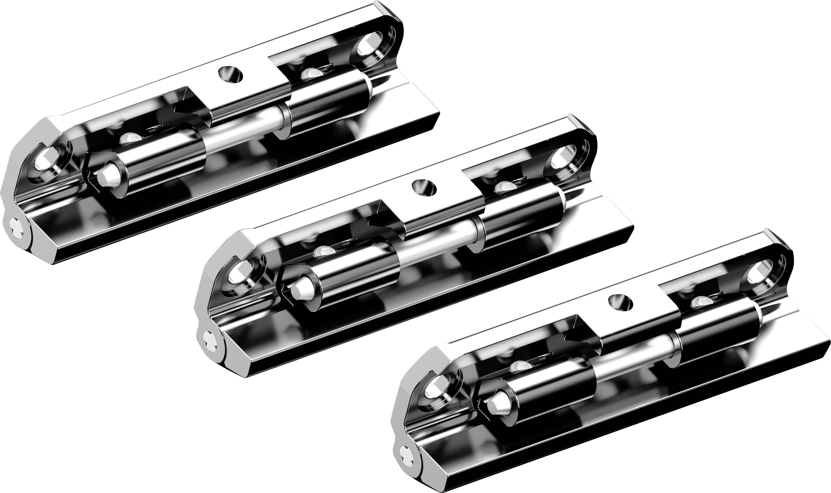 Drei silberne Metallscharniergelenke mit zylindrischen Achsen, ausgerichtet nebeneinander. Sie reflektieren das Licht glänzend.