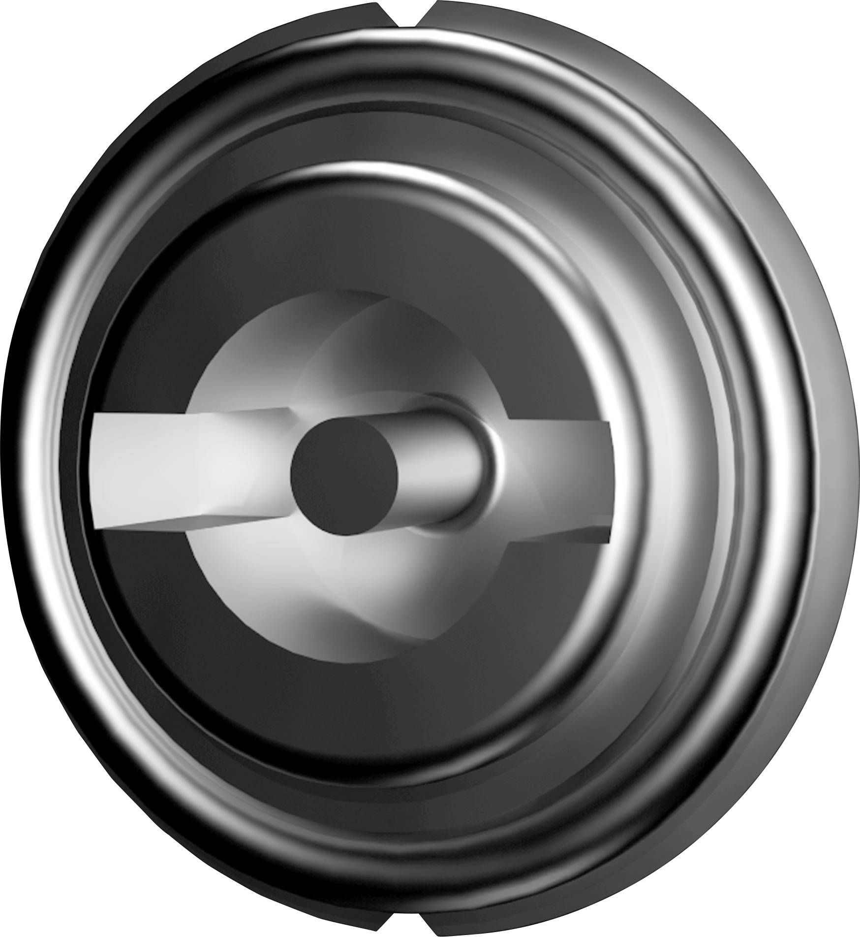 Rundes, metallisches 3D-Objekt mit konzentrischen Kreisen und einem hervorstehenden zentralen Zylinder in einer silbernen Farbe.