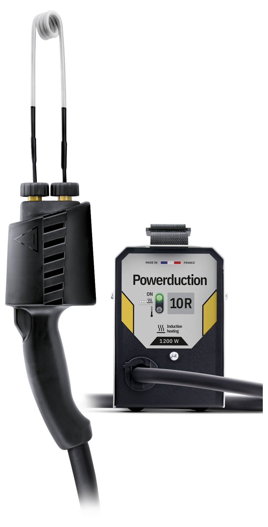 Tragbarer Powerduction 10R Induktionsheizer mit angeschlossenem Kabel und Heizschleife, dargestellt auf weißem Hintergrund.