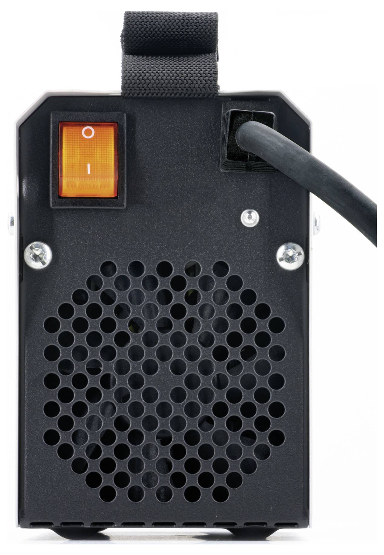 Schwarzes elektronisches Gerät mit orangefarbenem Ein-/Ausschalter, Kühlungslüftungsgitter und an der rechten Seite angeschlossenem Stromkabel.