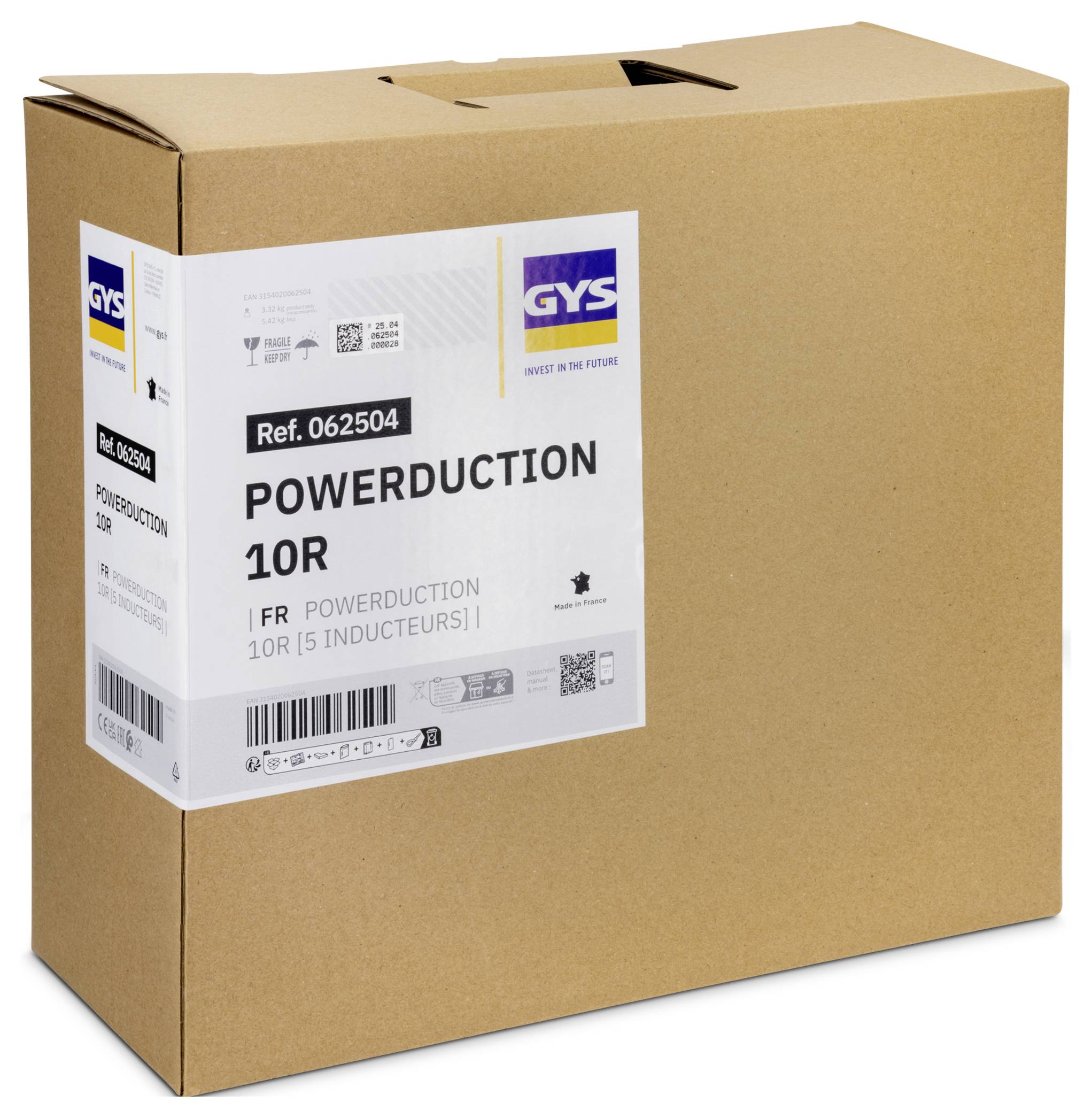 Braune Kartonversandbox mit der Bezeichnung GYS POWERDUCTION 10R, Ref. 062504, für eine 5-Induktor-Stromindunktionseinheit.
