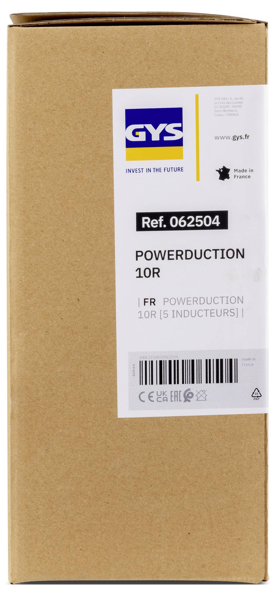 Pappkarton mit der Bezeichnung GYS POWERDUCTION 10R, Ref. 062504, mit Barcode und Herkunftsmarkierung Made in France.