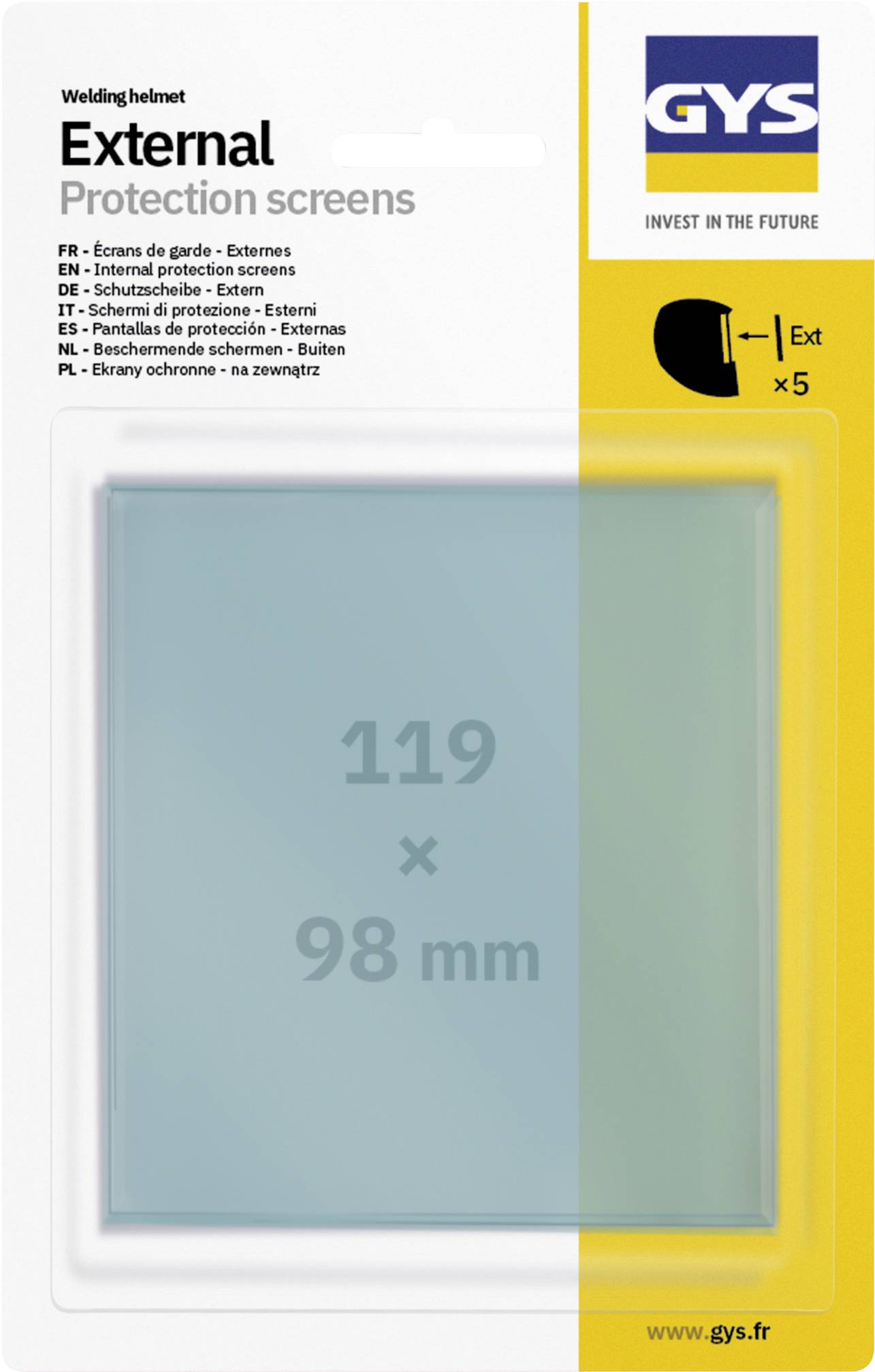Verpackung für einen externen Schutzschirm für Schweißhelme, Größe 119 x 98 mm, Marke GYS.