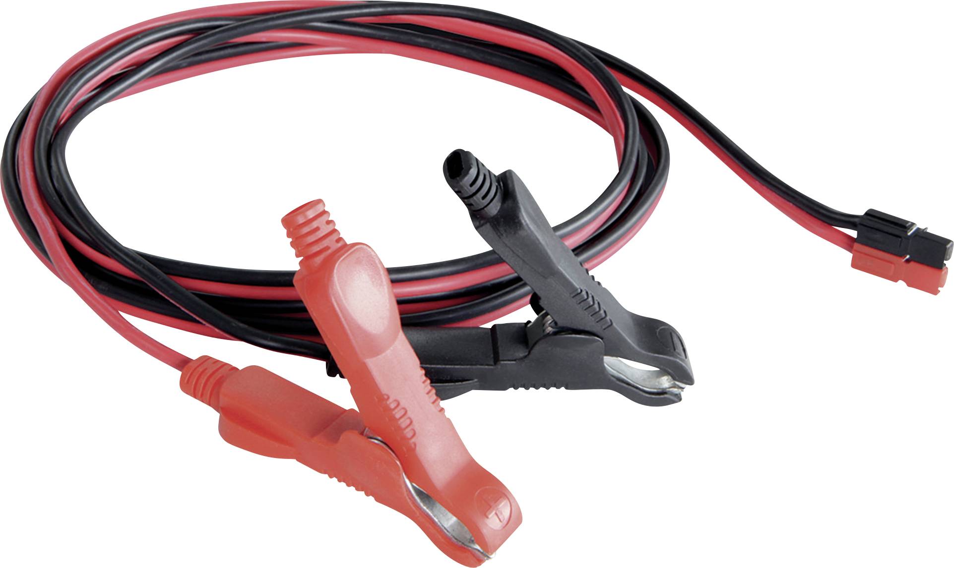 Ein Paar Starthilfekabel mit roten und schwarzen Klemmen, die zum Überbrücken von Autobatterien verwendet werden.