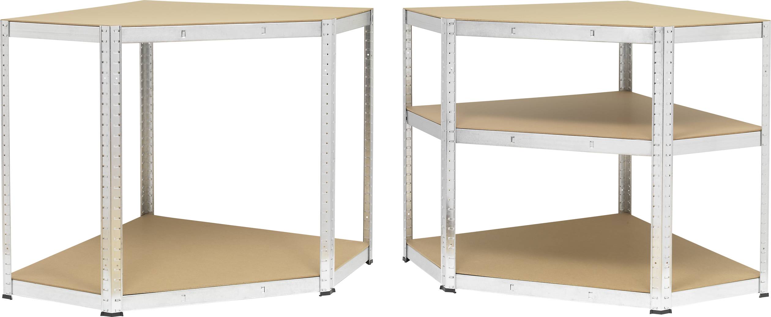 Zwei dreieckige Eckregale aus Metall mit drei Ebenen aus Holz, geeignet zur Lagerung in einer Ecke, mit offenem Design für einfachen Zugang.
