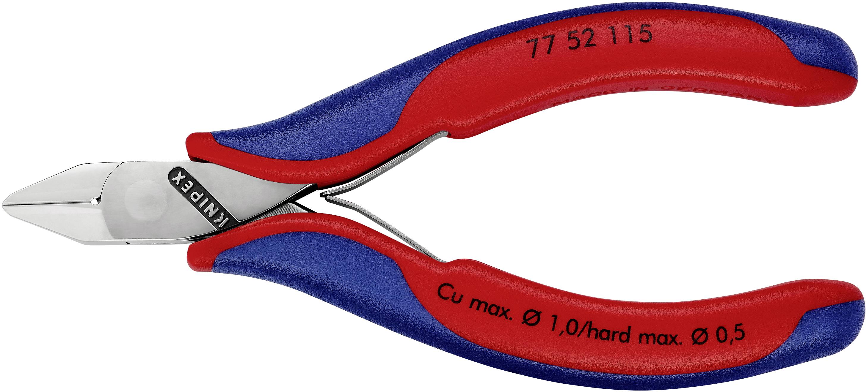 Beißzange mit roten und blauen Griffen, geeignet für das Schneiden von harten und weichen Drähten, max. Durchmesser: 1,0 mm.