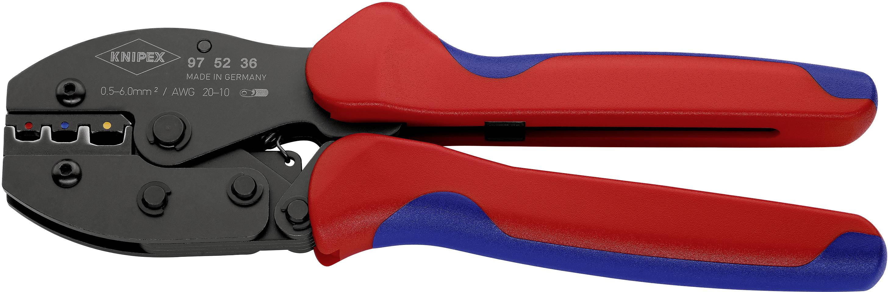 Crimpzange mit roten und blauen Griffen, geeignet für verschiedene Kabelquerschnitte. Herstellername 'KNIPEX' auf der Zange.