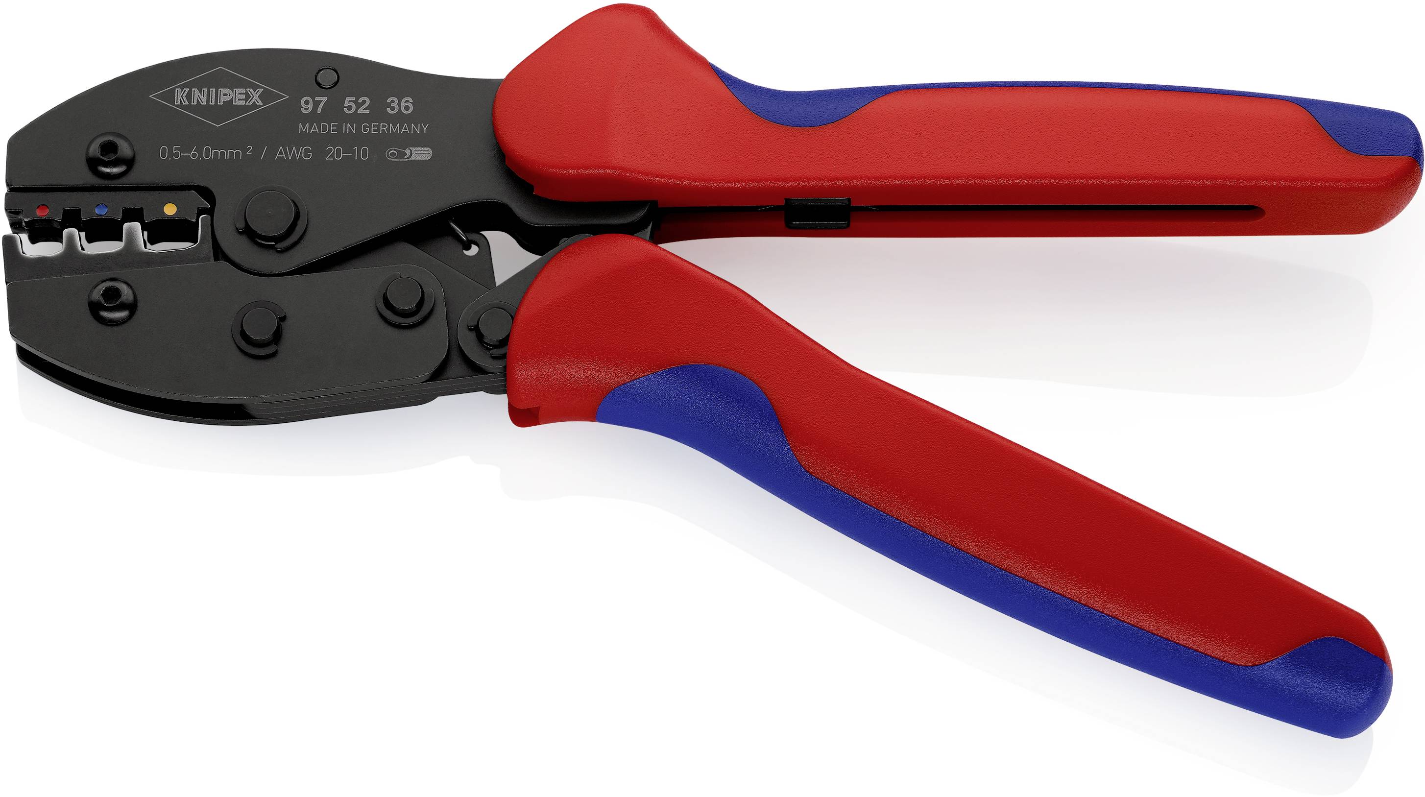 Eine rote und blaue Crimpzange der Marke 'Knipex', Modell 97 52 38, für das Crimpen von Kabeln, abgebildet auf einem weißen Hintergrund.