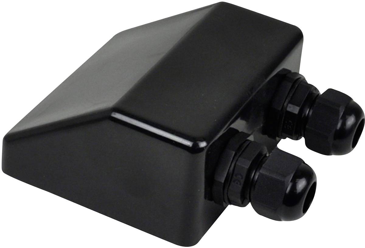 Ein schwarzes, keilförmiges Gehäuse mit zwei Kabelverschraubungen.