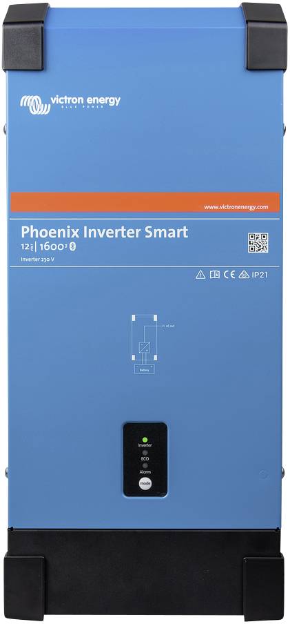 Ein blauer Phoenix Inverter Smart von Victron Energy, Modell 12|1600, mit LED-Anzeige. Geeignet für Spannungsumwandlung.