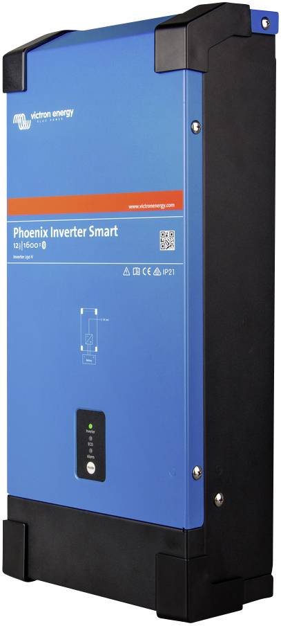 Ein blauer Wechselrichter mit der Aufschrift 'Phoenix Inverter Smart' von Victron Energy, zeigt die Vorderseite mit Anzeigelampen und Anschlussdetails.
