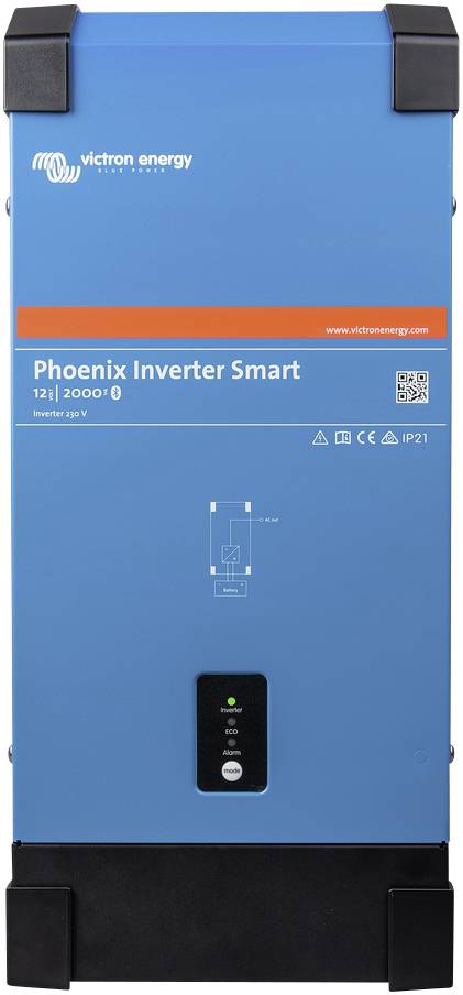 Ein blauer 'Phoenix Inverter Smart' von Victron Energy, geeignet für 12V und 2000 VA. Zeigt Kontrollleuchten und Schutzklasse IP21.