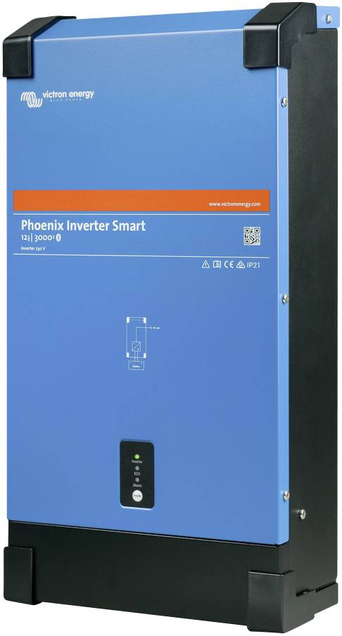 Ein blauer 'Phoenix Inverter Smart' von Victron Energy mit integriertem Display, der Strom für elektrische Geräte wandelt.