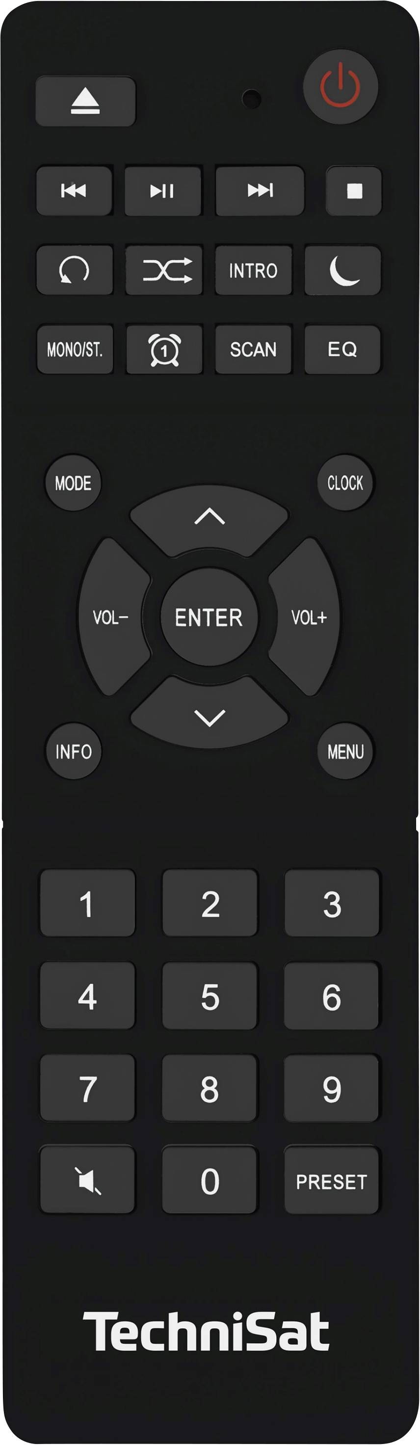 Schwarze Fernbedienung mit Tasten für Lautstärke, Senderwechsel und Menüsteuerung. Oben rechts die Ein/Aus-Taste. Unten das Logo 'TechniSat'.