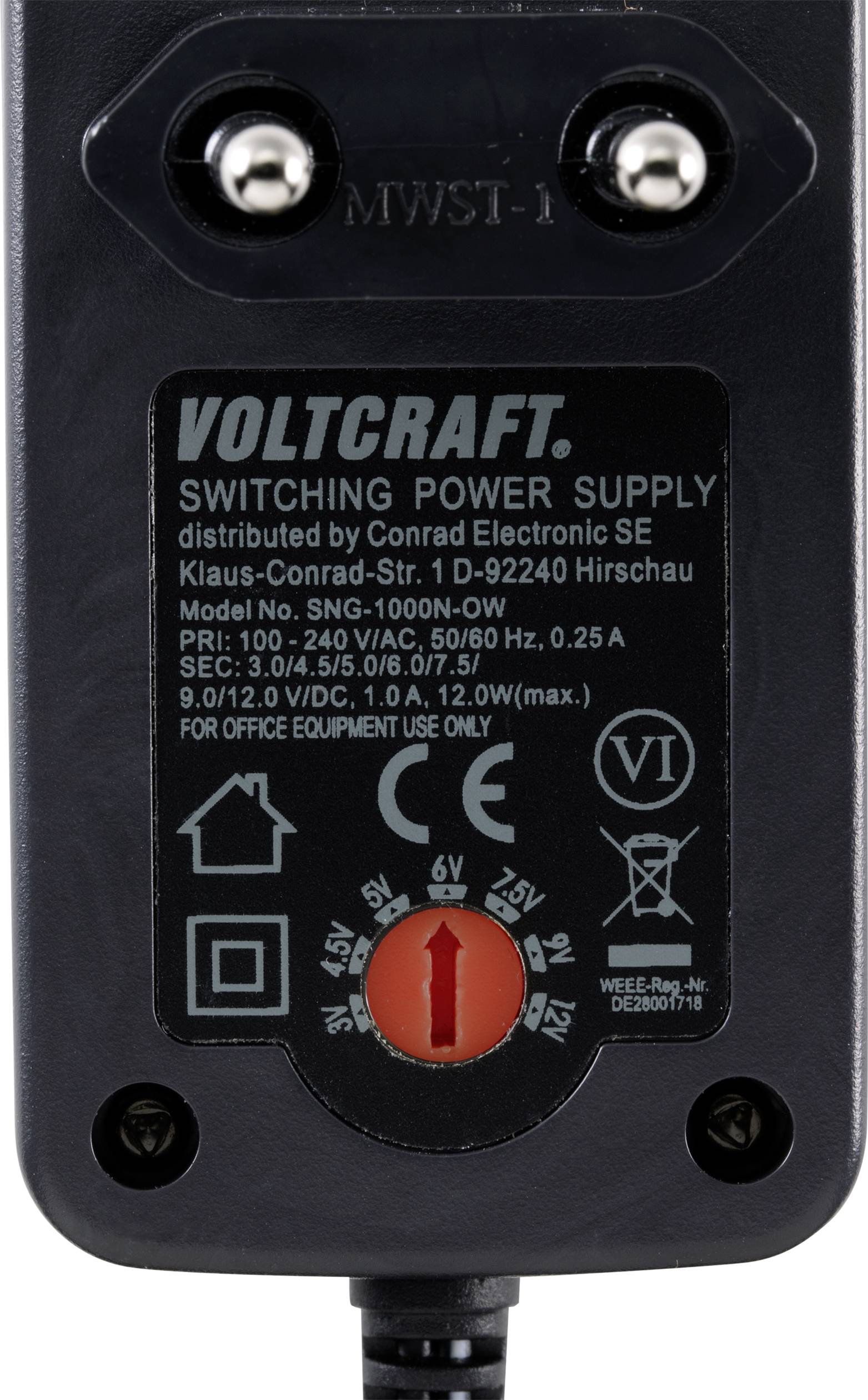 VOLTCRAFT VC-11258685 Steckernetzteil, einstellbar 3 V/DC, 4.5 V/DC, 5 V/DC, 6 V/DC, 7.5 V/DC, 9 V/DC, 12 V/DC 1A 12W