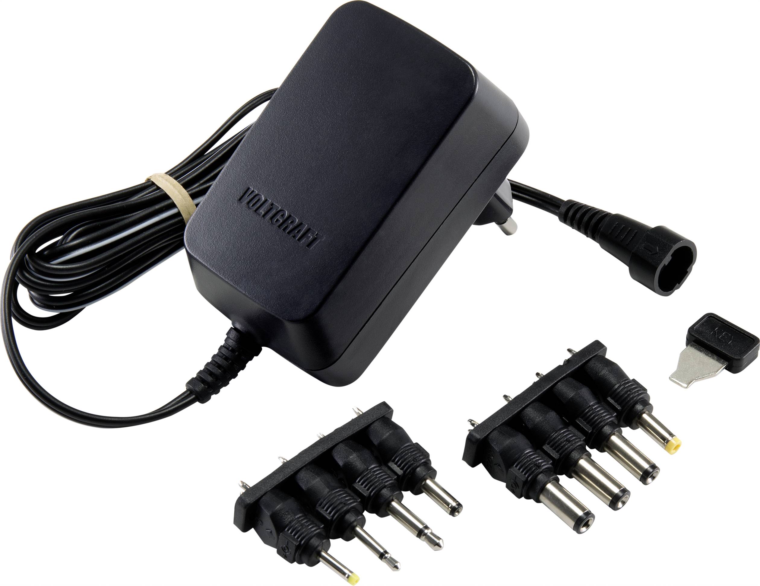 Schwarzes Universal-Netzteil mit mehreren austauschbaren Adaptersteckern und einem Kabel, das mit einem Gummiband gebunden ist.