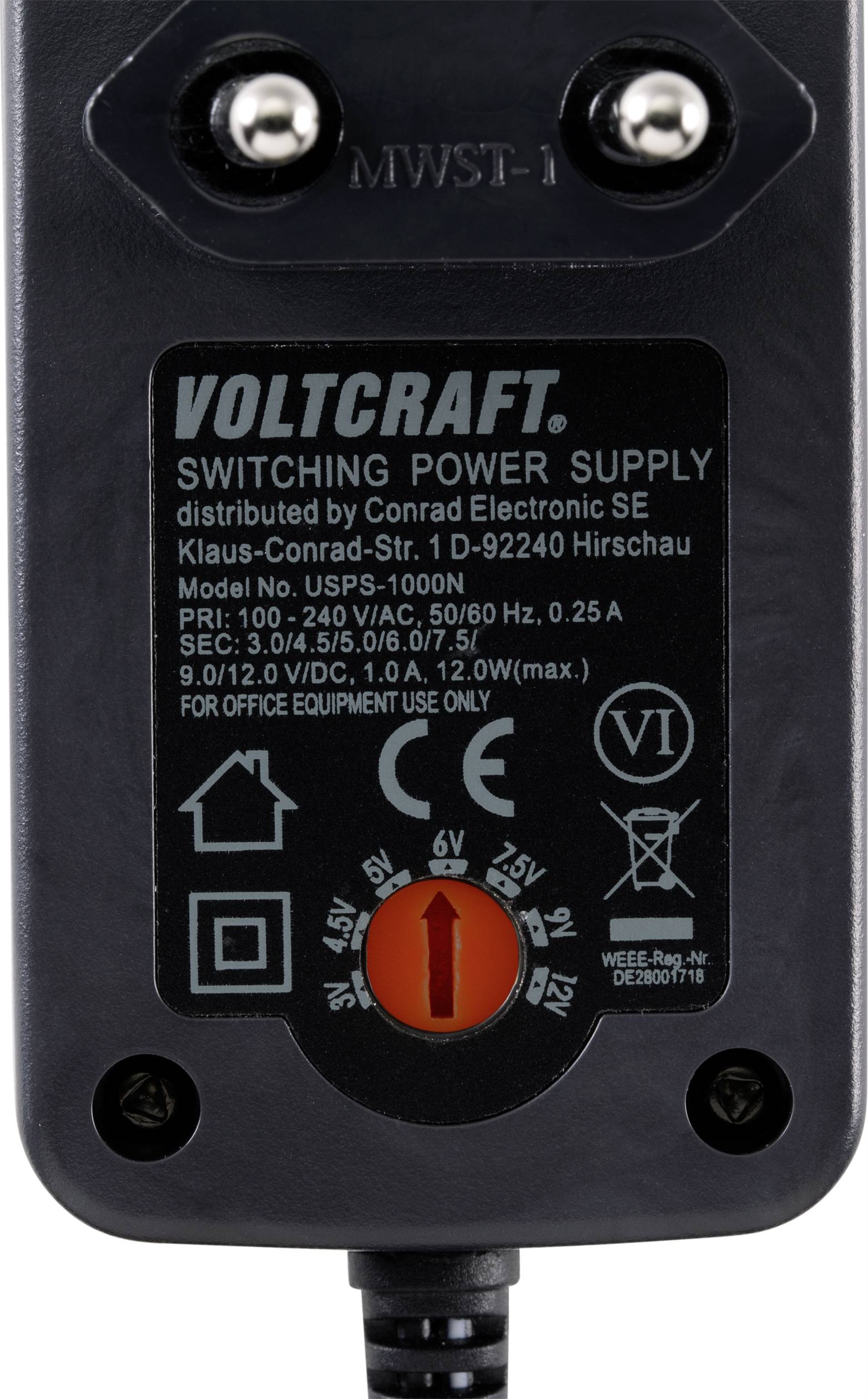 VOLTCRAFT VC-11258690 Steckernetzteil, einstellbar 3 V/DC, 4.5 V/DC, 5 V/DC, 6 V/DC, 7.5 V/DC, 9 V/DC, 12 V/DC 1A 12W