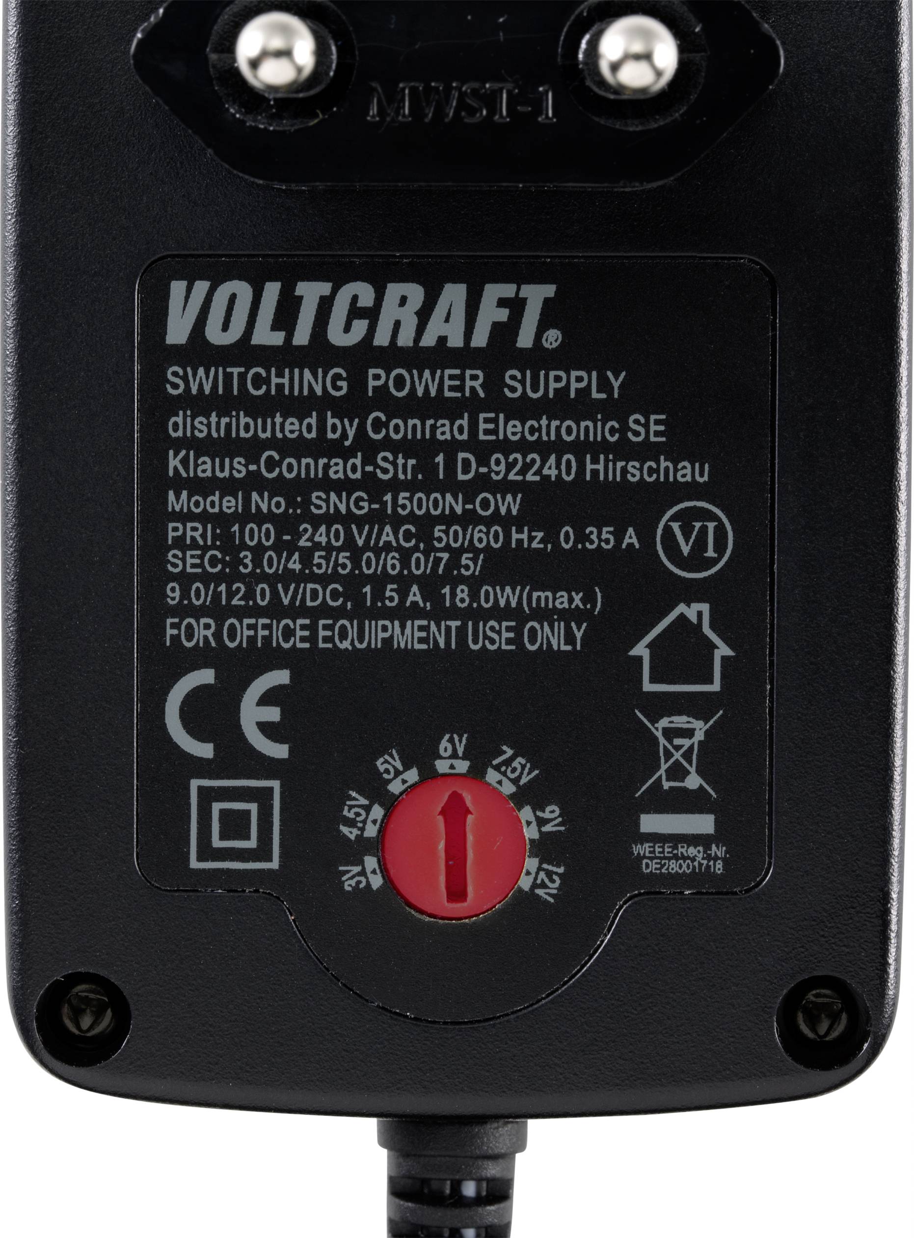 VOLTCRAFT VC-11258695 Steckernetzteil, einstellbar 3 V/DC, 4.5 V/DC, 5 V/DC, 6 V/DC, 7.5 V/DC, 9 V/DC, 12 V/DC 1.5A 18W