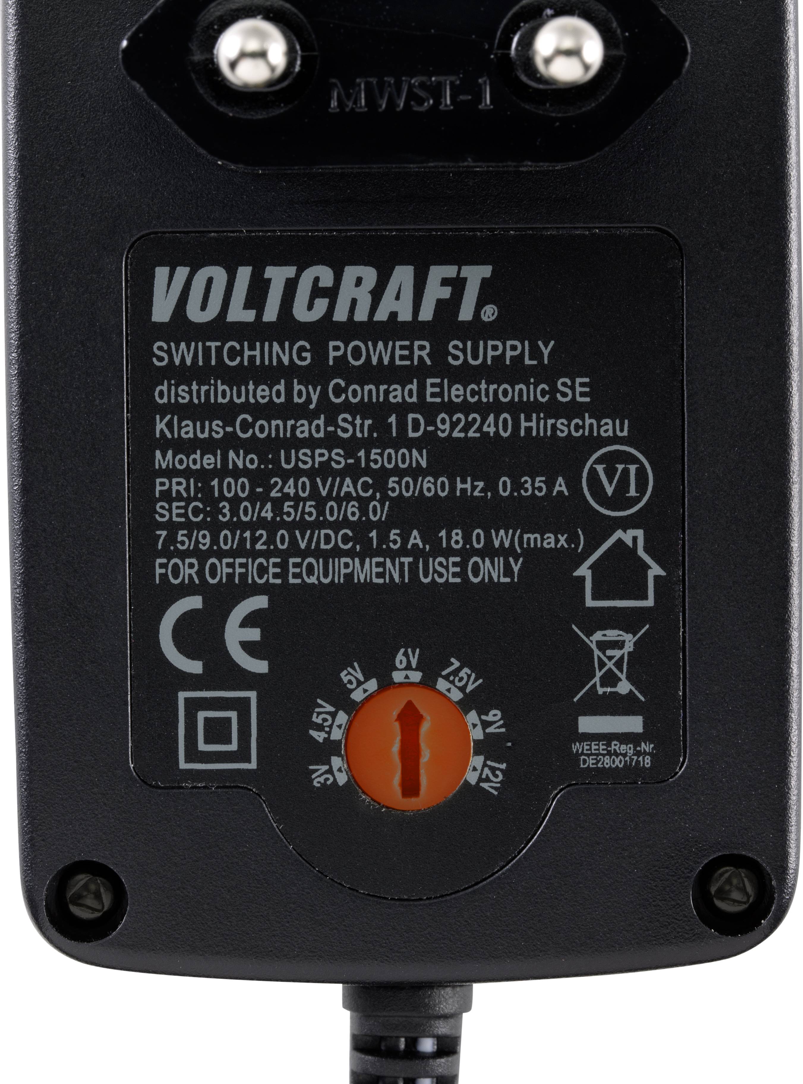 VOLTCRAFT VC-11258700 Steckernetzteil, einstellbar 3 V/DC, 4.5 V/DC, 5 V/DC, 6 V/DC, 7.5 V/DC, 9 V/DC, 12 V/DC 1.5A 18W