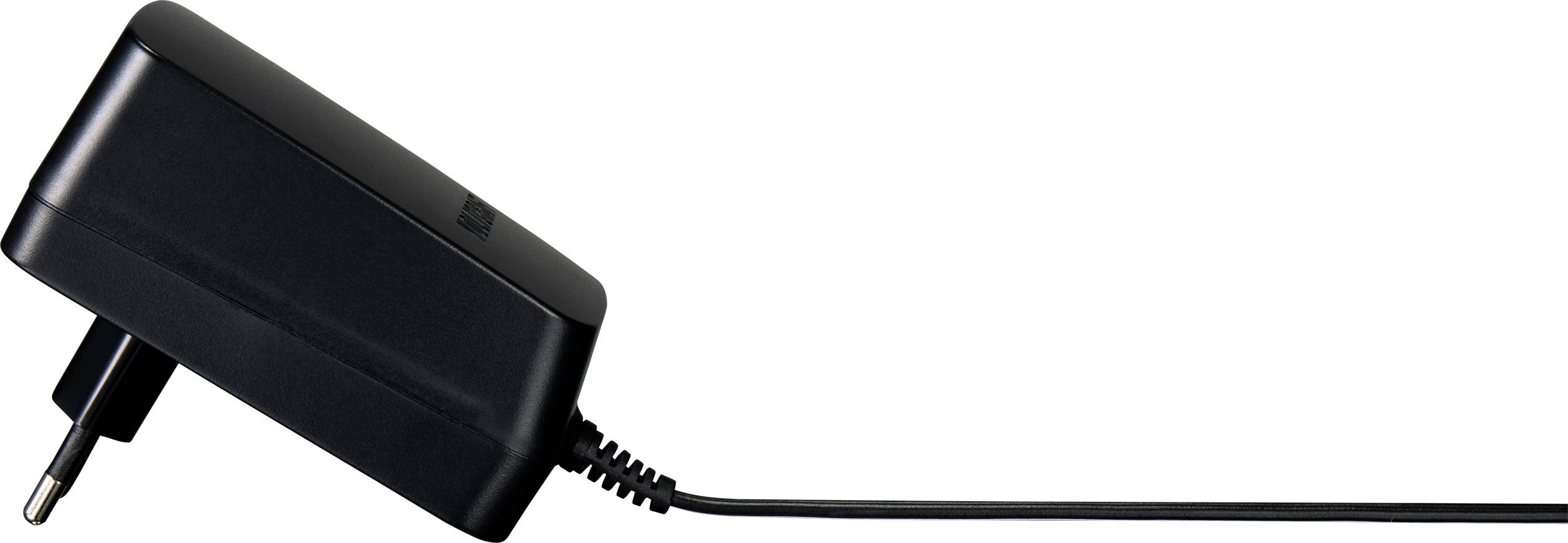 Ein schwarzes Netzteil mit Eurostecker und langem Kabel.