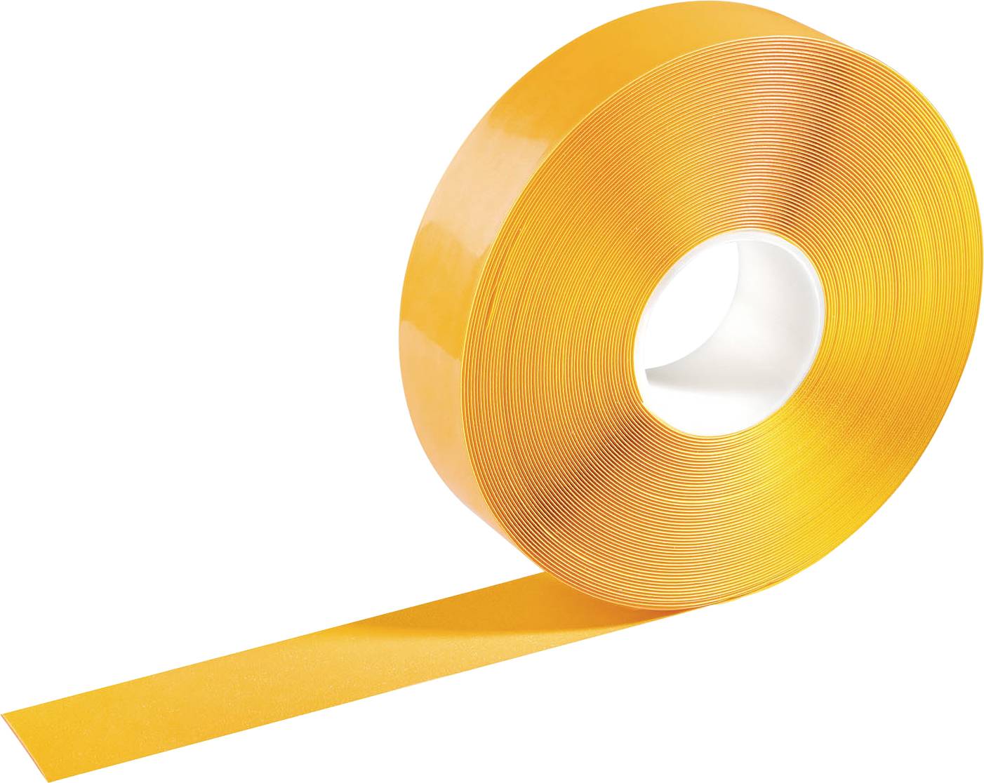 Eine große Rolle orangenes Klebeband mit teilweise abgerolltem Streifen, auf einer weißen Oberfläche liegend.