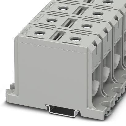 Grau-weißer, modularer Klemmenblock mit mehreren Anschlüssen, Fokus auf Struktur und Anschlussmöglichkeiten.